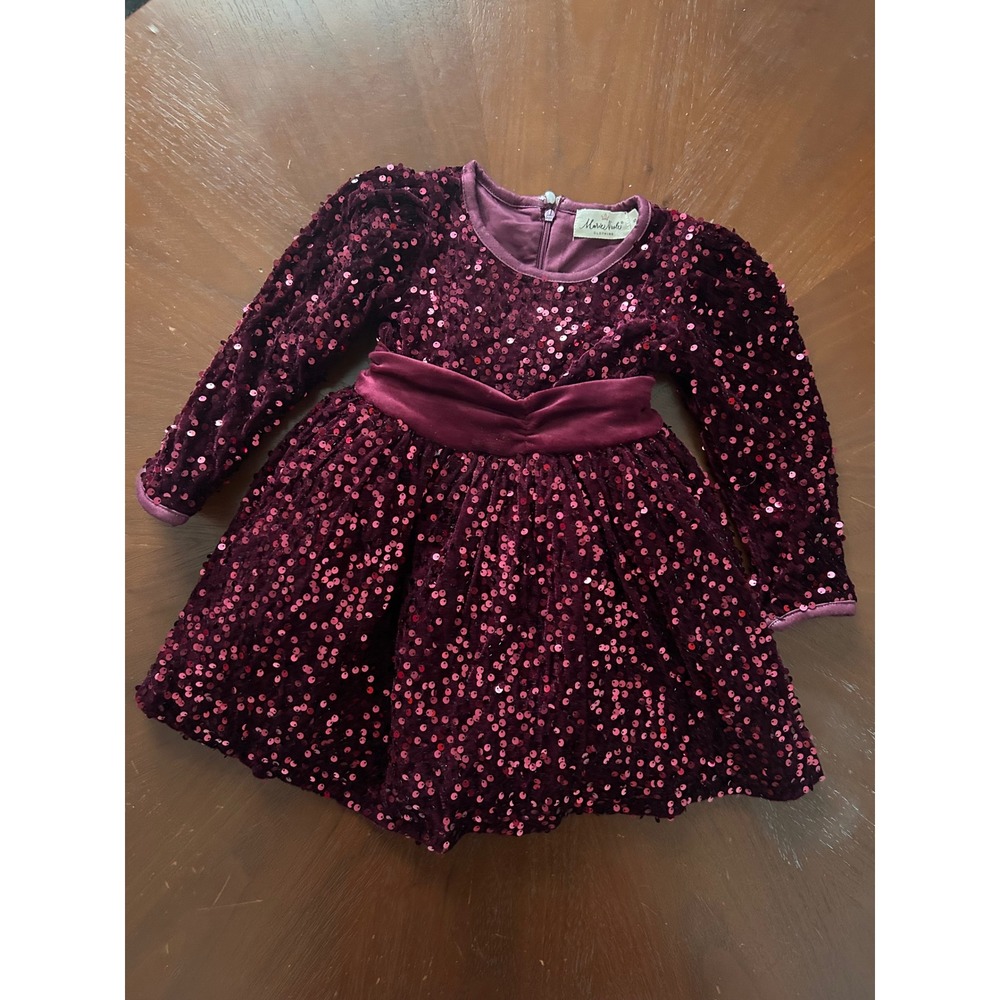 Marie Nicole Clothing Girls Burgundy Sequin Velvet Long Sleeve Holiday Dress 2T